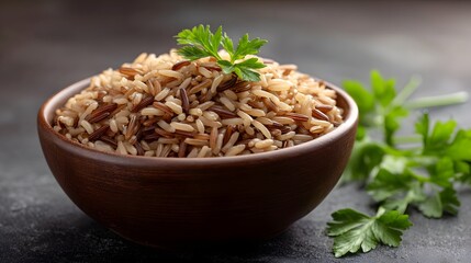 A rustic bowl filled with a mix of brown and wild rice garnished with fresh parsley against a dark textured background