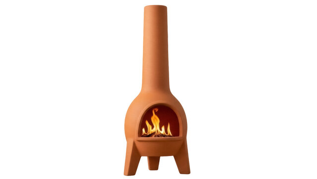 Terracotta chiminea with fire isolated PNG on transparent background, outdoor fireplace for patio heating and garden decoration