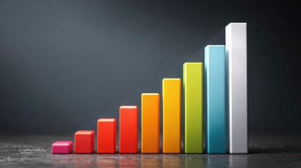 A colorful, rising bar graph displays progress, with each bar representing a data point on a dark, textured background