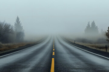 Fototapeta premium Lone road vanishes into thick morning fog.
