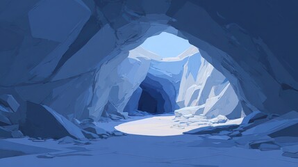 Pixel Art Ice Cave Entrance With Bright Opening Showing Distant Snowy Landscape