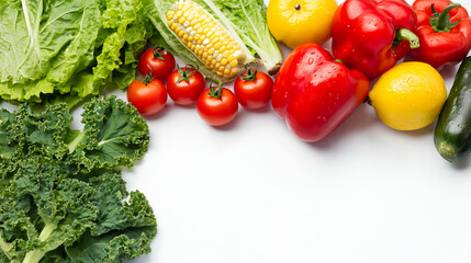 Fresh organic vegetables lettuce kale corn cucumber tomato lemon yellow bell pepper on white background