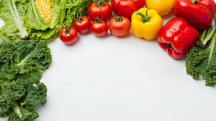 Fresh organic vegetables lettuce kale corn cucumber tomato lemon yellow bell pepper on white background
