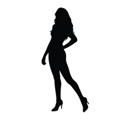 Confident woman silhouette posing in stylish stance with long hair, high heels, elegant posture, fashion attitude, and modern vector design