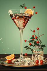 Vintage Christmas classic cocktails. Retro Mid century style festive drink illustration