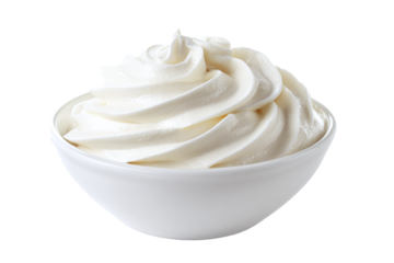 Bowl of whipped cream isolated on transparent background, ready to eat
