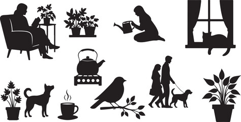 Cozy domestic life and outdoor scenes silhouettes