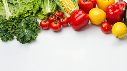 Fresh organic vegetables lettuce kale corn cucumber tomato lemon yellow bell pepper on white background