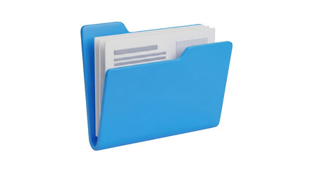 Blue folder with documents inside, representing file storage and organization, isolated on transparent background