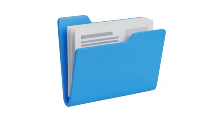Blue folder with documents inside, representing file storage and organization, isolated on transparent background