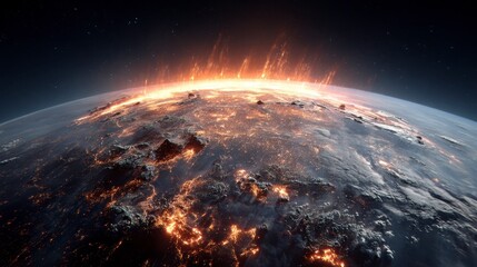 A composite illustration of Earth, depicting fiery explosions radiating from a planet surface, alongside luminous clouds in outer space