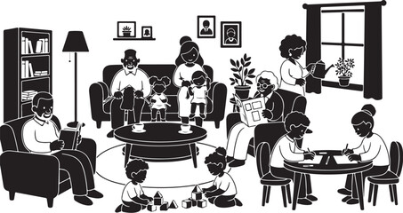 Multigenerational family enjoying quiet time indoors