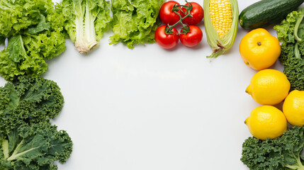 Fresh organic vegetables lettuce kale corn cucumber tomato lemon yellow bell pepper on white background