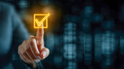Person using a futuristic digital interface to select a glowing checkmark box symbolizing completion or approval with a blurred technology background