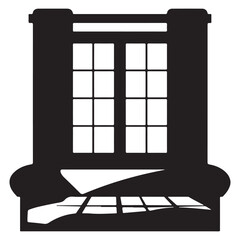  Stylized silhouette of a classic window with multi-pane design and a cozy window seat