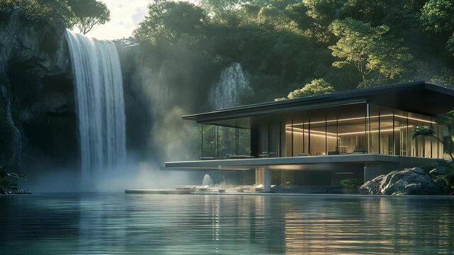 Modern home surrounded by waterfalls and greenery, merging architecture with natural landscape, symbolizing peace, relaxation, and sustainable luxury design in balance with the environment travelling