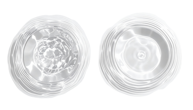 Two abstract shimmering fluid forms on a dark background with concentric ripple-like formations - Powered by Adobe