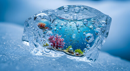 Vibrant coral reef ecosystem trapped inside melting ice cube underwater