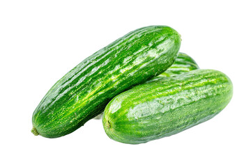 Three fresh cucumbers isolated on transparent background, ready to eat