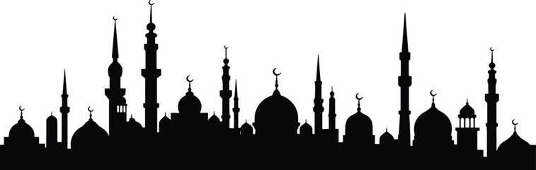 Islamic skyline silhouette with mosque domes, tall minarets, crescent symbols, cultural architecture, religious cityscape, Middle Eastern vector design elements