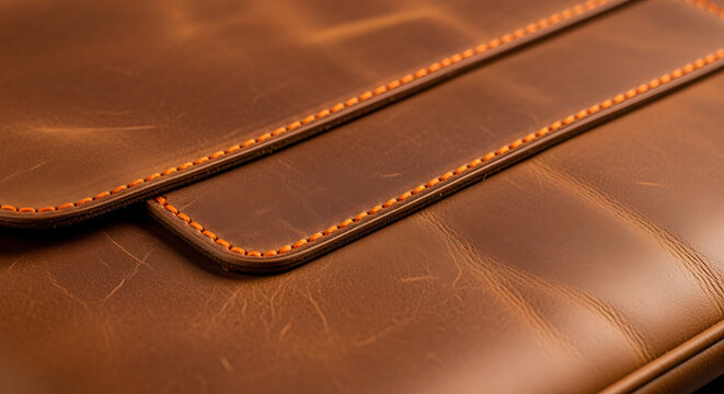 Timeless Texture: Macro Detail of Distressed Cognac Leather with Golden Topstitching