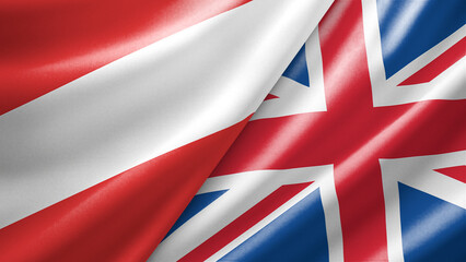 Fototapeta premium Austria and United Kingdom two national flags filling the entire frame, close-up view, edge-to-edge composition