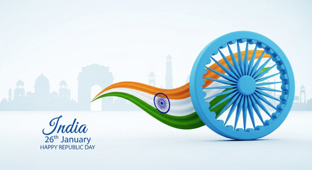 26 Th January Indian Republic Day Banner Template Design With Indian Flag And Silhouette Of Indian Monument. Happy Indian Republic Day Celebration Poster. 