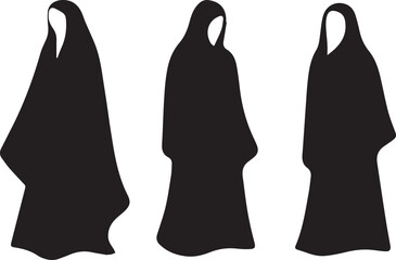 Three Silhouetted Women Wearing Borkha Standing Together on White Background