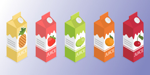 Pineapple, strawberry, orange, apple, and cherry juice. A set of juice pack. 3d flat Isometric vector illustrations.