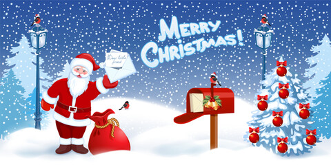 Santa with envelope and red mailbox and Christmas tree against winter forest background.