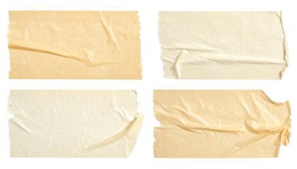 Four pieces of wrinkled tape on a dark background, each with unique tears and a varied color palette