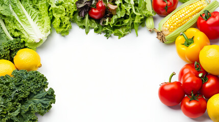 Fresh organic vegetables lettuce kale corn cucumber tomato lemon yellow bell pepper on white background