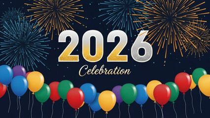 Vibrant 2026 celebration with colorful balloons and fireworks display at night
