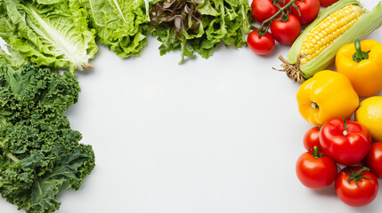 Fresh organic vegetables lettuce kale corn cucumber tomato lemon yellow bell pepper on white background