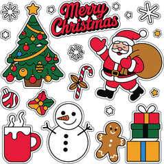 A festive collection of christmas cartoon stickers featuring santa claus and a decorated tree