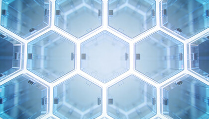 Modern abstract design featuring hexagonal shapes with glowing edges in a futuristic arrangement