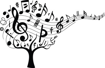 Tree made of musical notes and symbols with flowing branches, creative music nature concept, artistic black and white vector illustration design