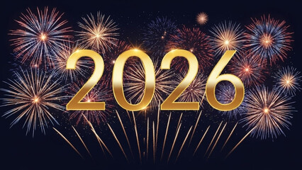 Vibrant fireworks display celebrating new year 2026 with gold numbers on dark background