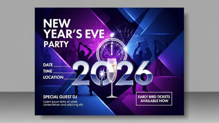 New year's eve party invitation 2026 with purple background and champagne glass