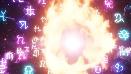 Magical symbols surround a fiery portal - Powered by Adobe
