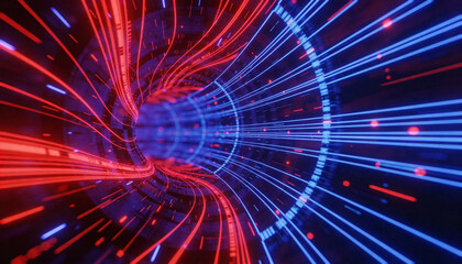 Abstract futuristic illustration of dynamic glowing lines in red and blue tones creating a sense of speed and motion in digital space