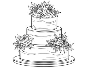 Three-Tier Wedding Cake Sketch with Floral Topper - Black Line Art