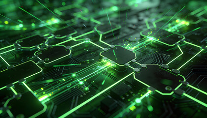 Futuristic Circuit Board with Neon Green Highlights and Dynamic Light Effects for Technology and Innovation Themes