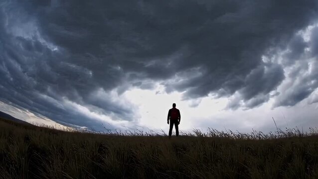 Silhouette of a Person Standing in Field Under Dramatic Stormy Sky
