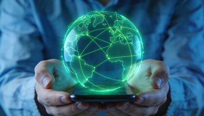 Hands Holding a Smartphone with a Neon Green 3D Model of the Earth and Digital Connections Representing Global Networking