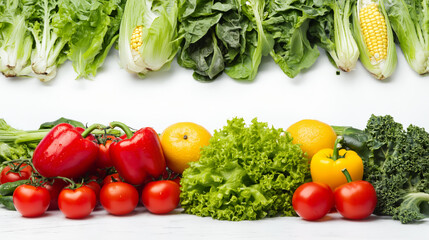 Fresh lettuce kale corn cucumber tomato lemon yellow bell pepper food border with copy space on white background