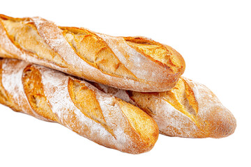 Three golden baguettes isolated on transparent background are stacked