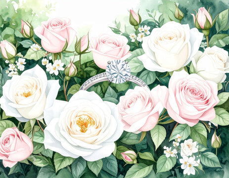 Diamond engagement ring in bed of roses and flowers, watercolor illustration for proposal, save the date card, wedding invitation, marketing or jeweler advertisement, traditional silver band