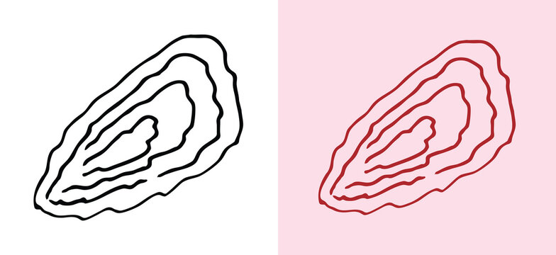 Vector illustration of an oyster shell. Set includes hand drawn line art and red-toned versions. Keyword-rich design for seafood restaurants and nautical themes.