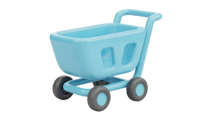 Light blue shopping cart PNG isolated on transparent background, cute trolley for online store and e-commerce design projects